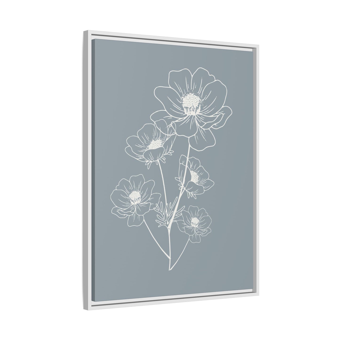Framed Floral Line Art Matte Canvas Print Gray Azure - Vertical layout