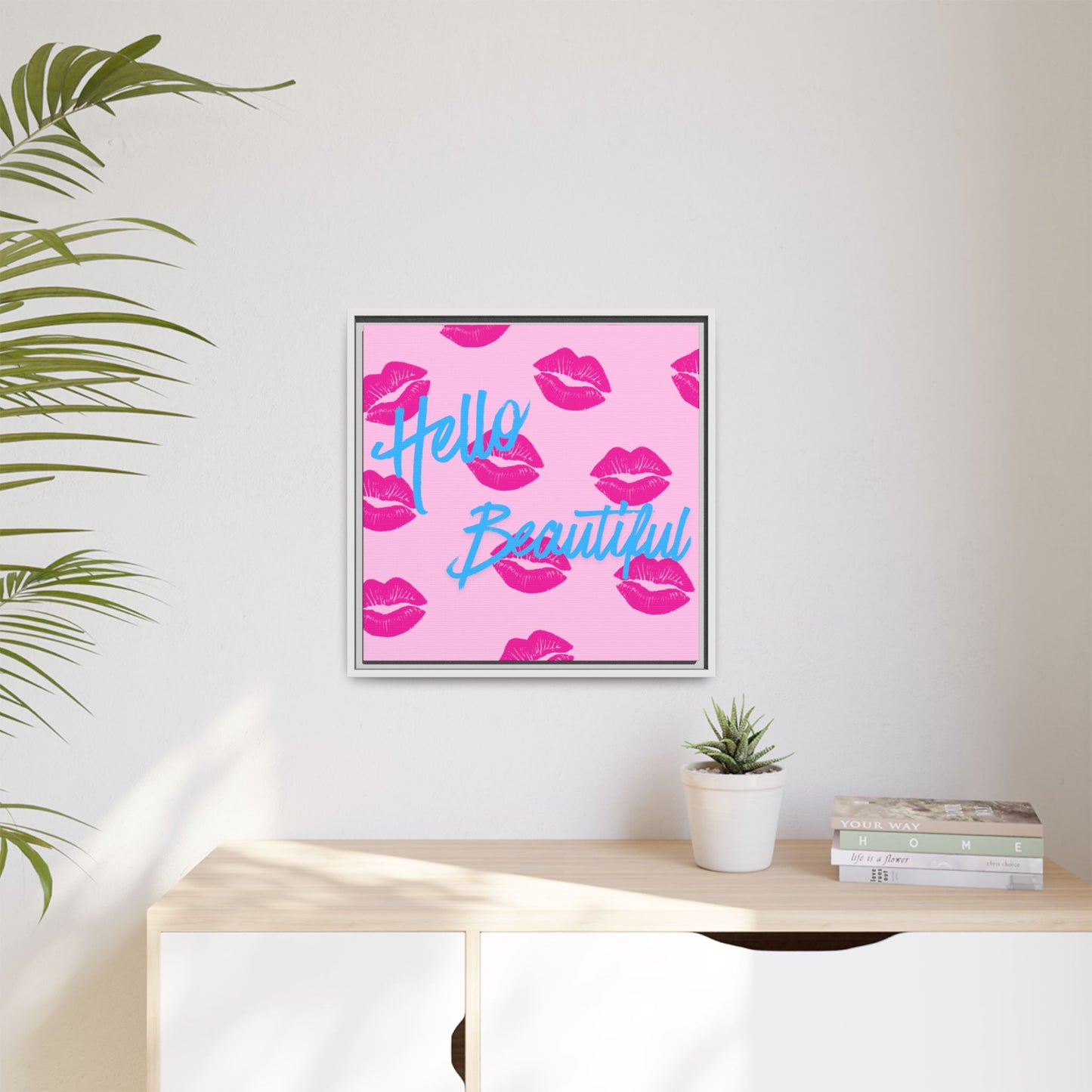 Hello Beautiful Framed Canvas Print — Pink Lipstick Pop Art Wall Decor