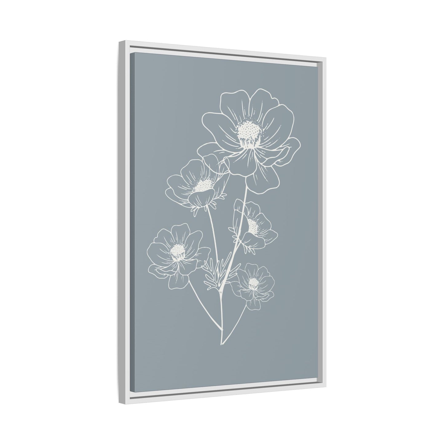 Framed Floral Line Art Matte Canvas Print Gray Azure - Vertical layout
