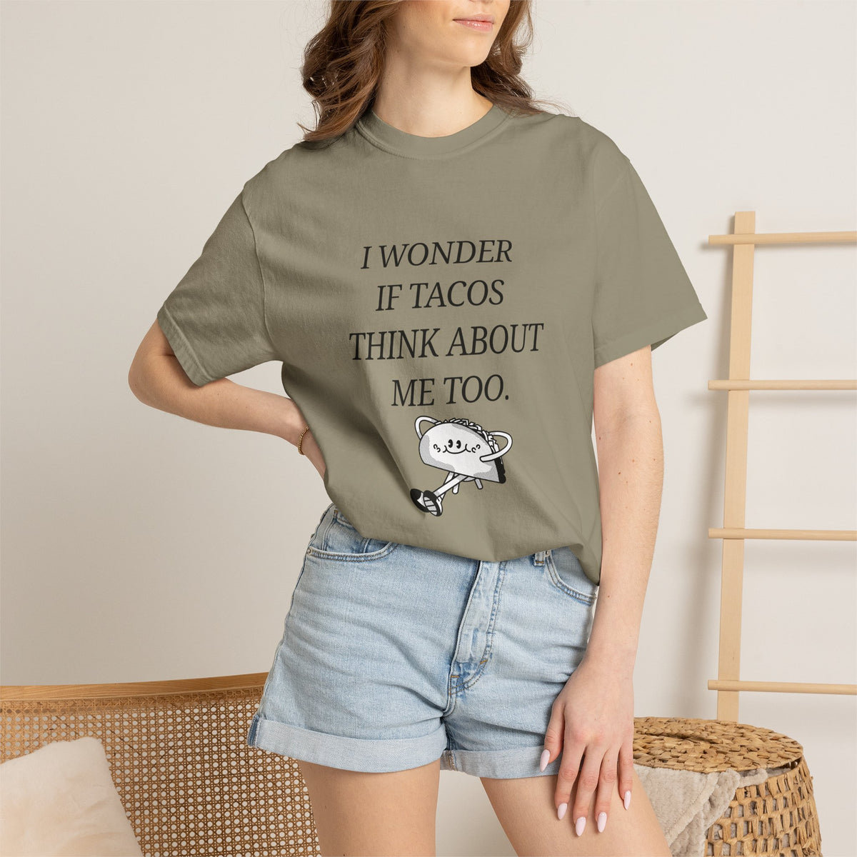 "I Wonder If Tacos Think About Me Too" Funny Taco Graphic Tee