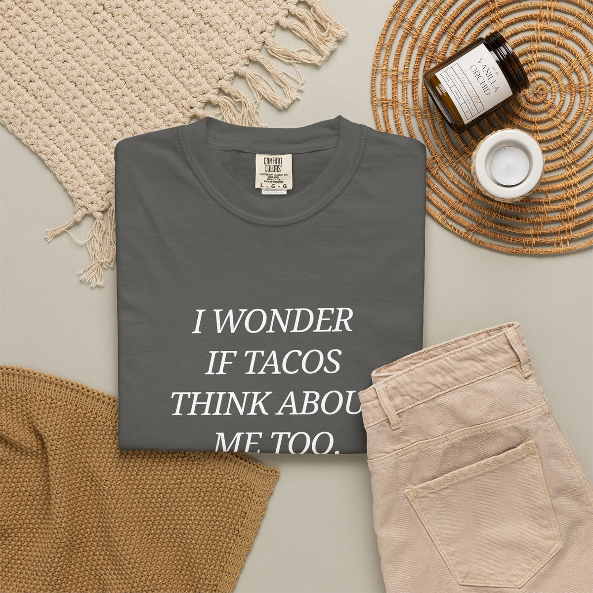 "I Wonder If Tacos Think About Me Too" Funny Taco Graphic Tee
