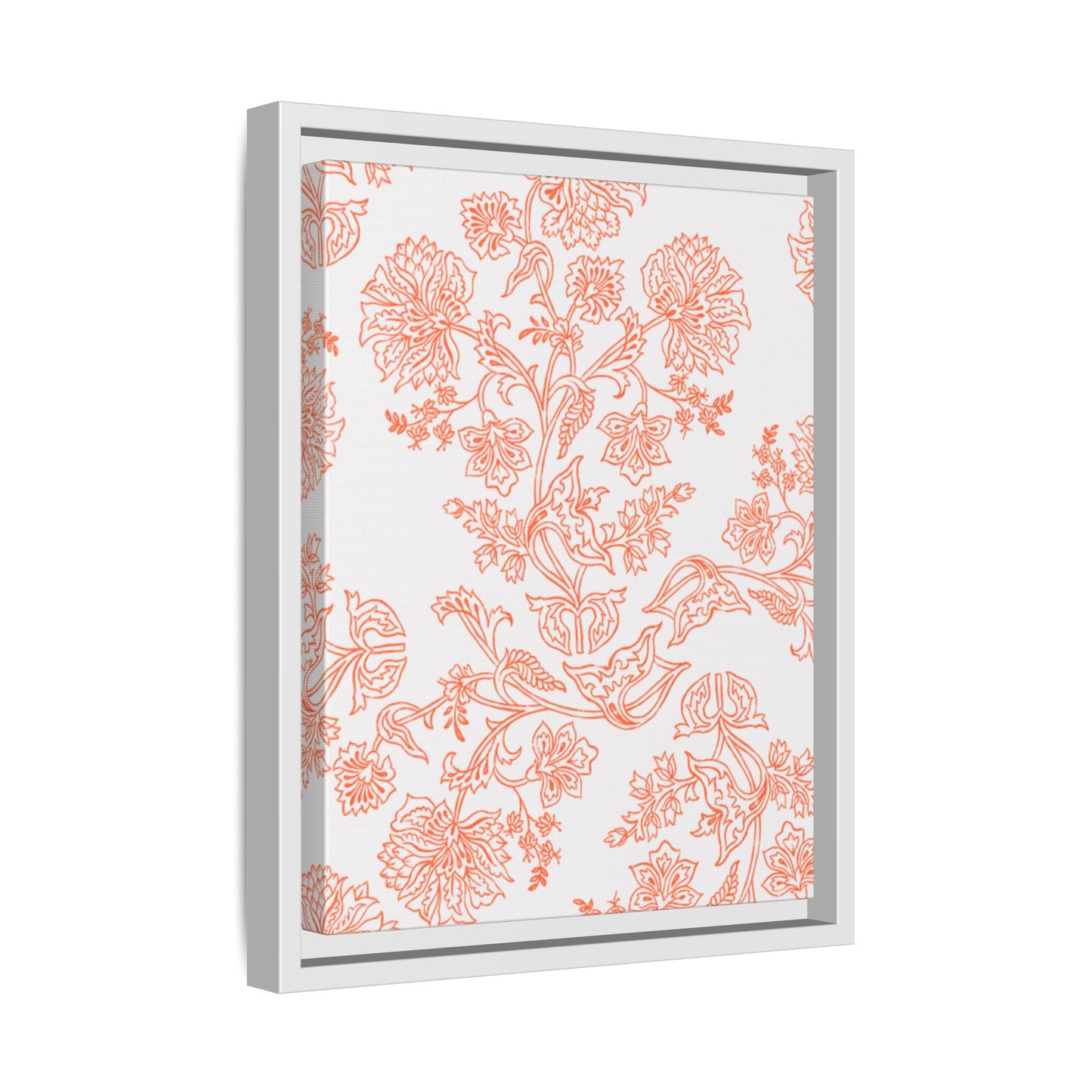 Orange Floral Matte Canvas, White Wooden Framed, Bathroom Decor, Matching Shower Curtain Available, Coral/orange