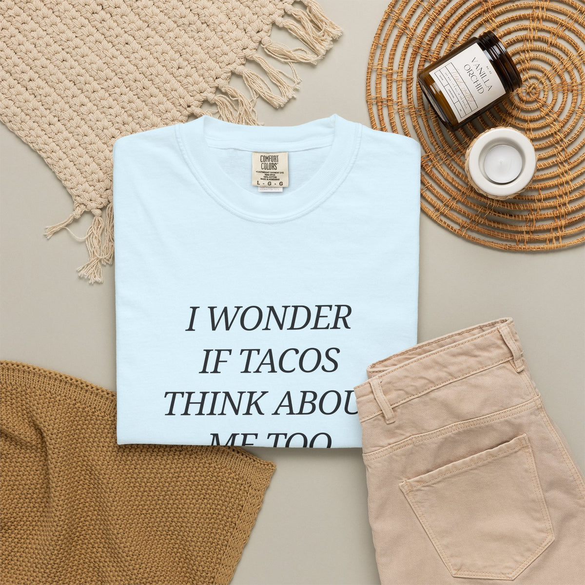 "I Wonder If Tacos Think About Me Too" Funny Taco Graphic Tee