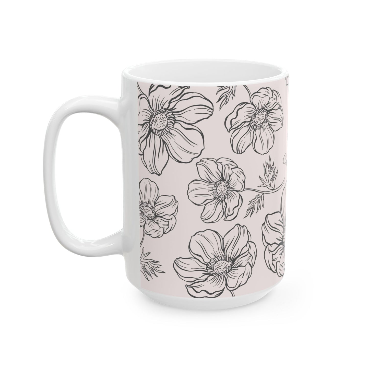 Floral "Calm" Ceramic Mug, Two sizes (11oz, 15oz), pale pink, coffee and tea cup