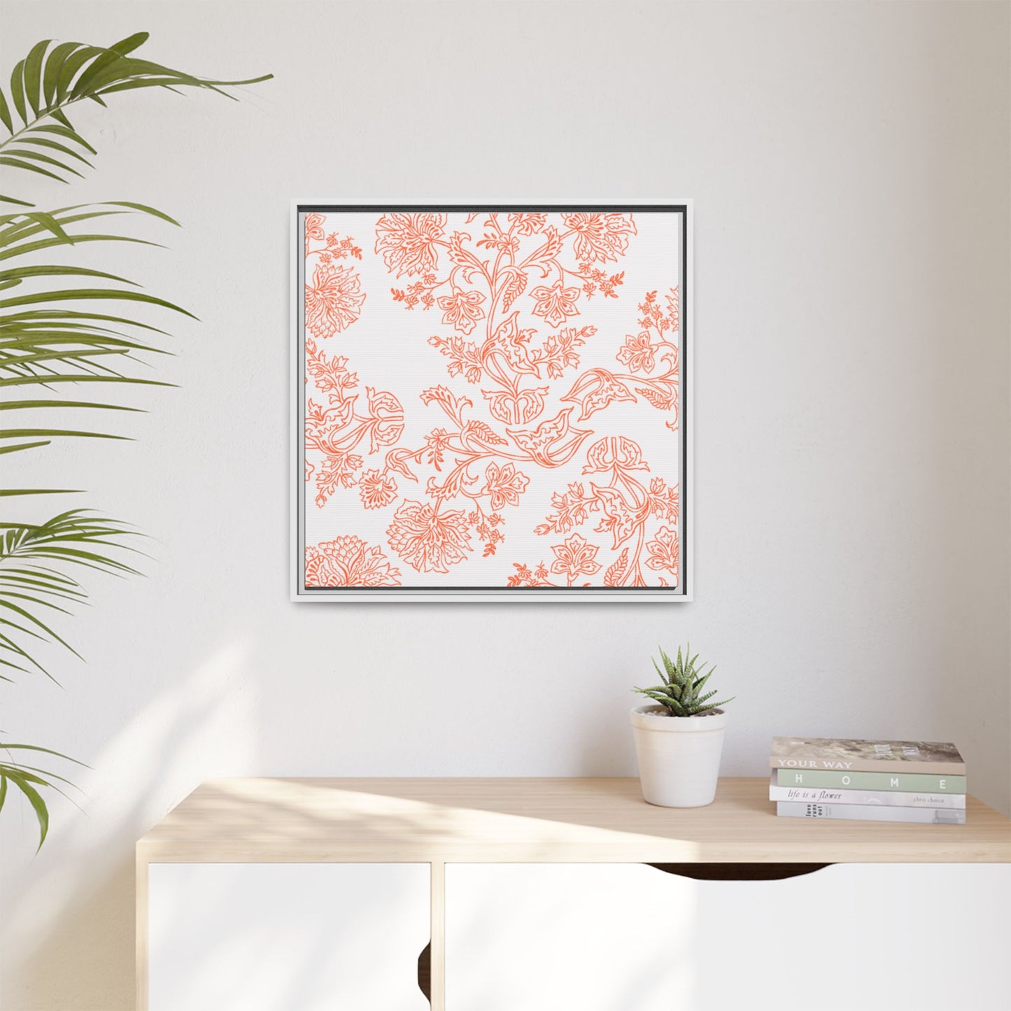 Orange Floral Matte Canvas, White Wooden Framed, Bathroom Decor, Matching Shower Curtain Available, Coral/orange