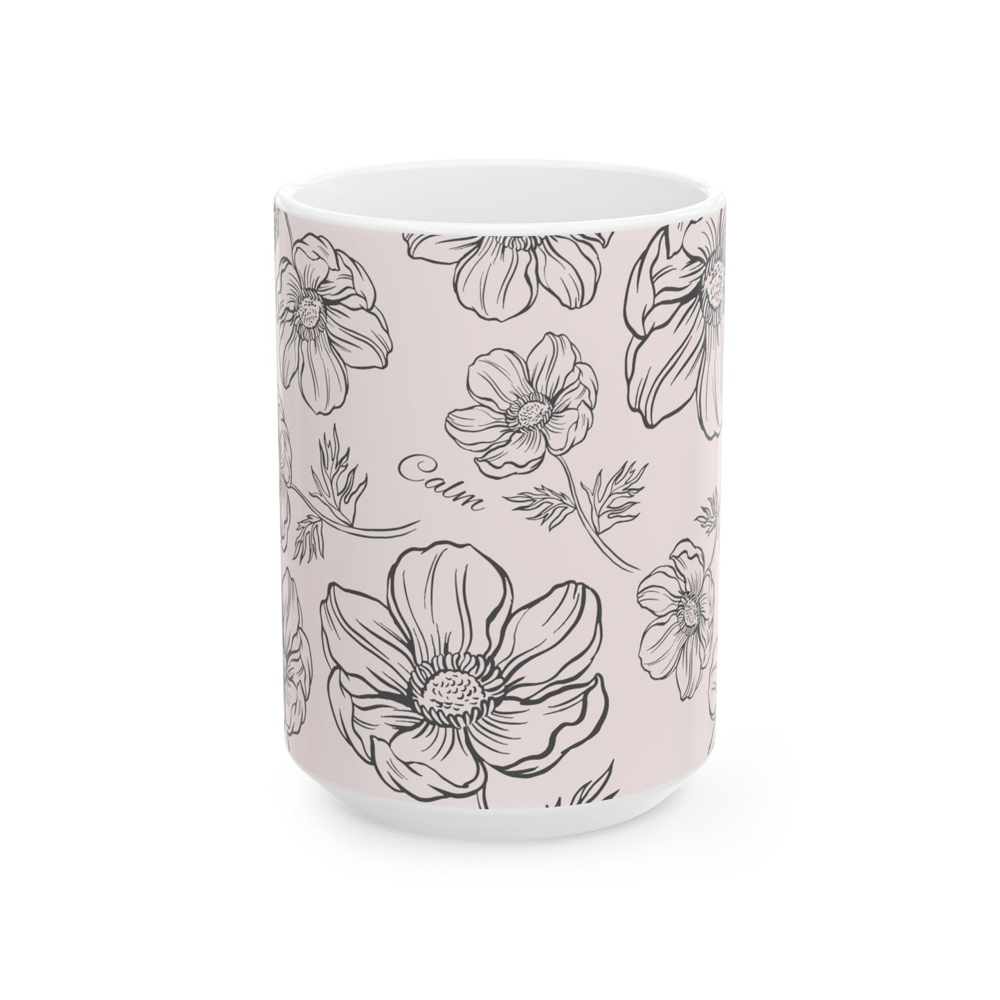 Floral "Calm" Ceramic Mug, Two sizes (11oz, 15oz), pale pink, coffee and tea cup