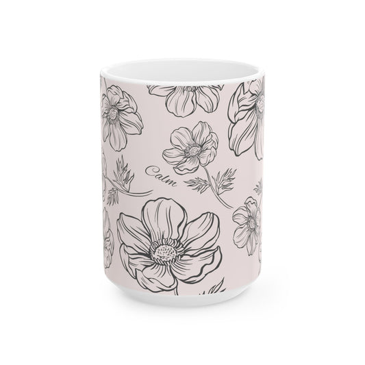 Floral "Calm" Ceramic Mug, Two sizes (11oz, 15oz), pale pink, coffee and tea cup