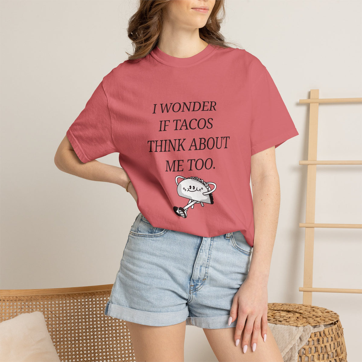 "I Wonder If Tacos Think About Me Too" Funny Taco Graphic Tee