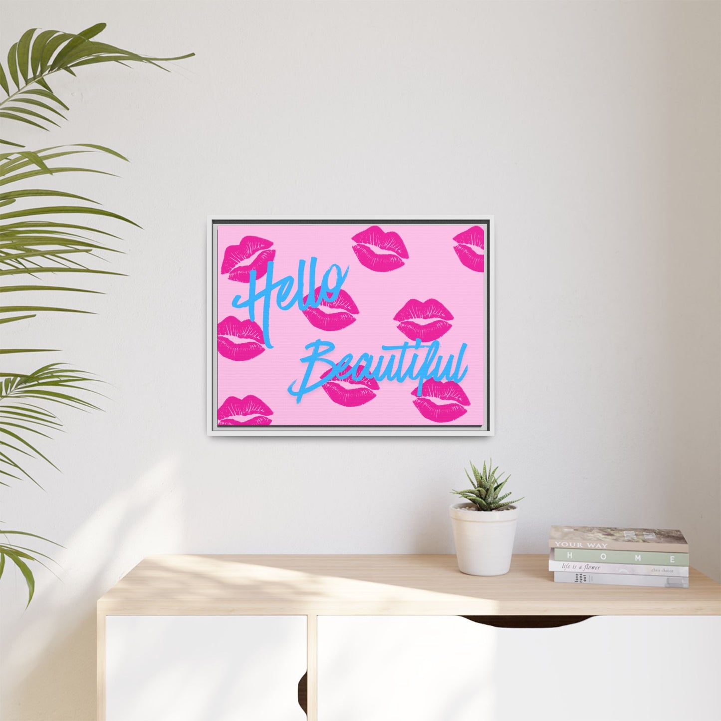 Hello Beautiful Framed Canvas Print — Pink Lipstick Pop Art Wall Decor