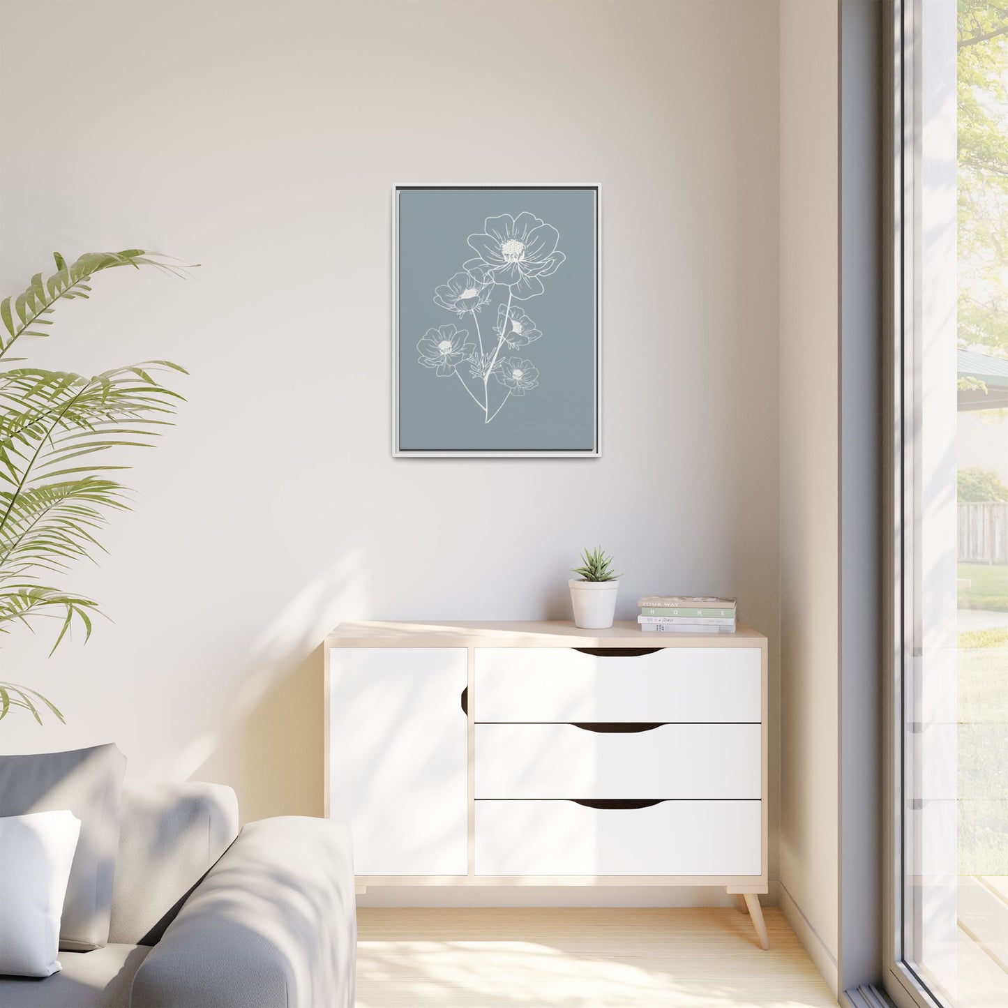 Framed Floral Line Art Matte Canvas Print Gray Azure - Vertical layout