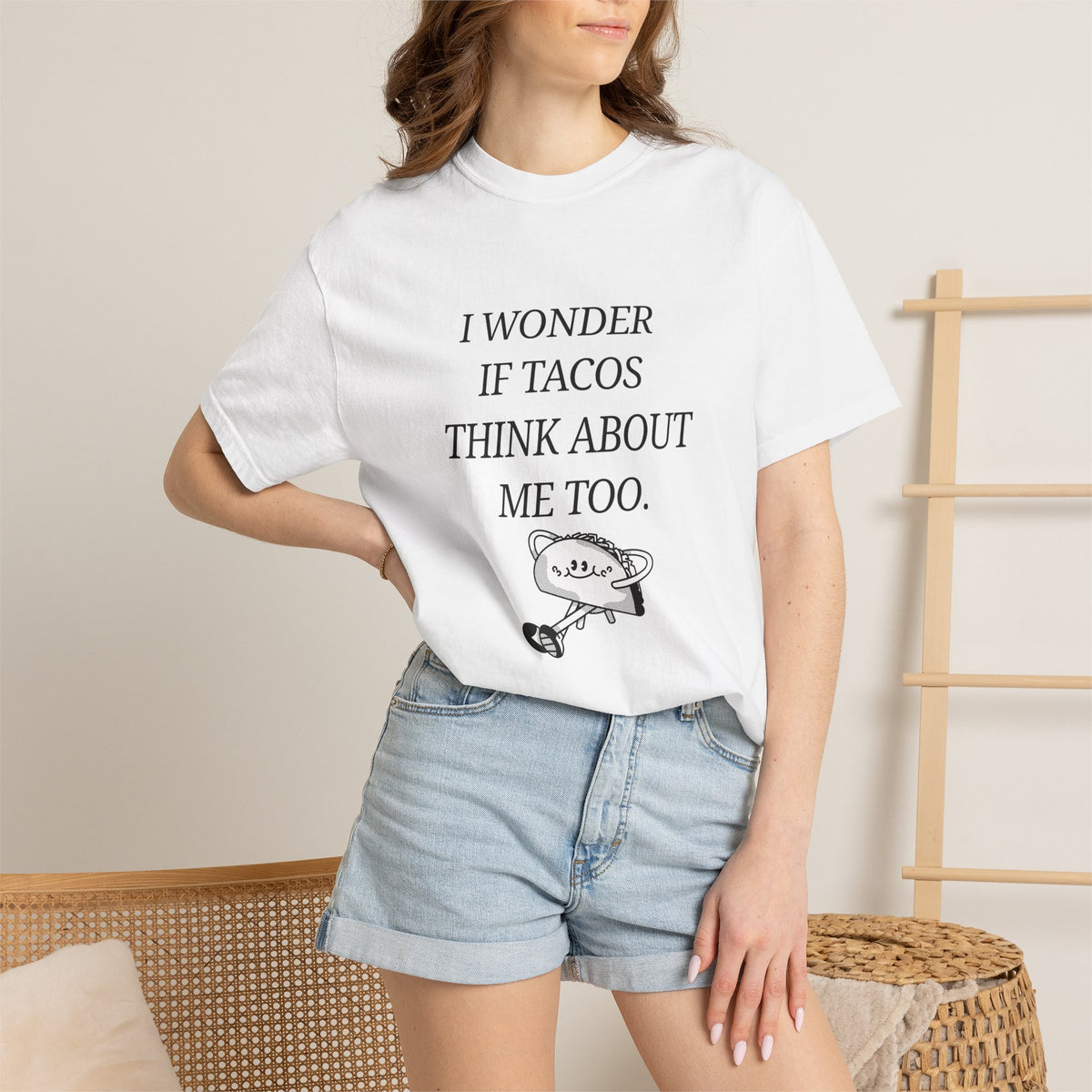 "I Wonder If Tacos Think About Me Too" Funny Taco Graphic Tee