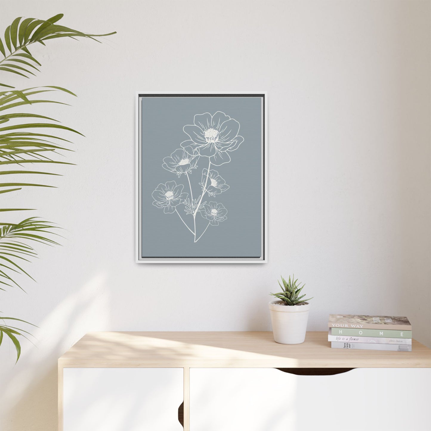 Framed Floral Line Art Matte Canvas Print Gray Azure - Vertical layout