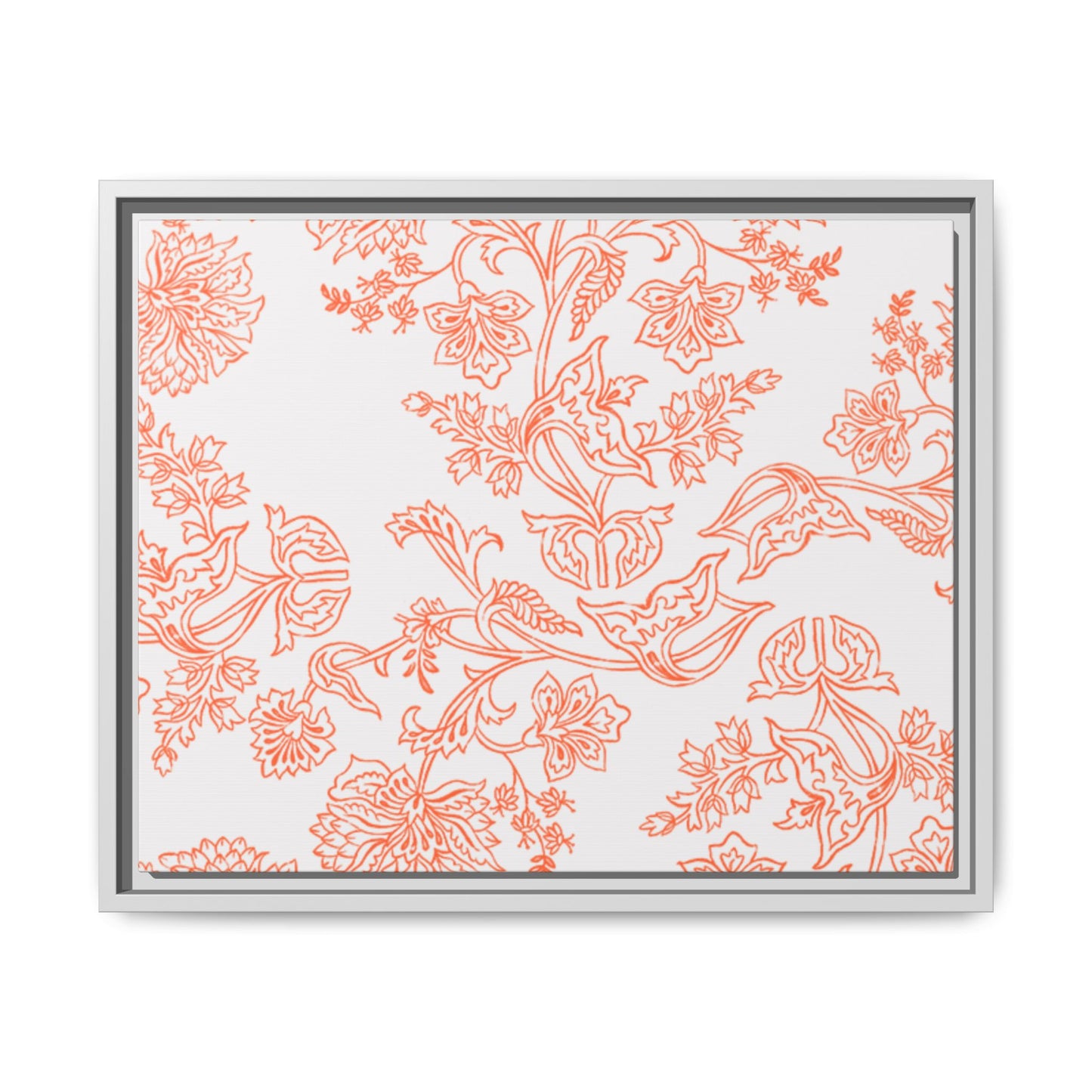 Orange Floral Matte Canvas, White Wooden Framed, Bathroom Decor, Matching Shower Curtain Available, Coral/orange