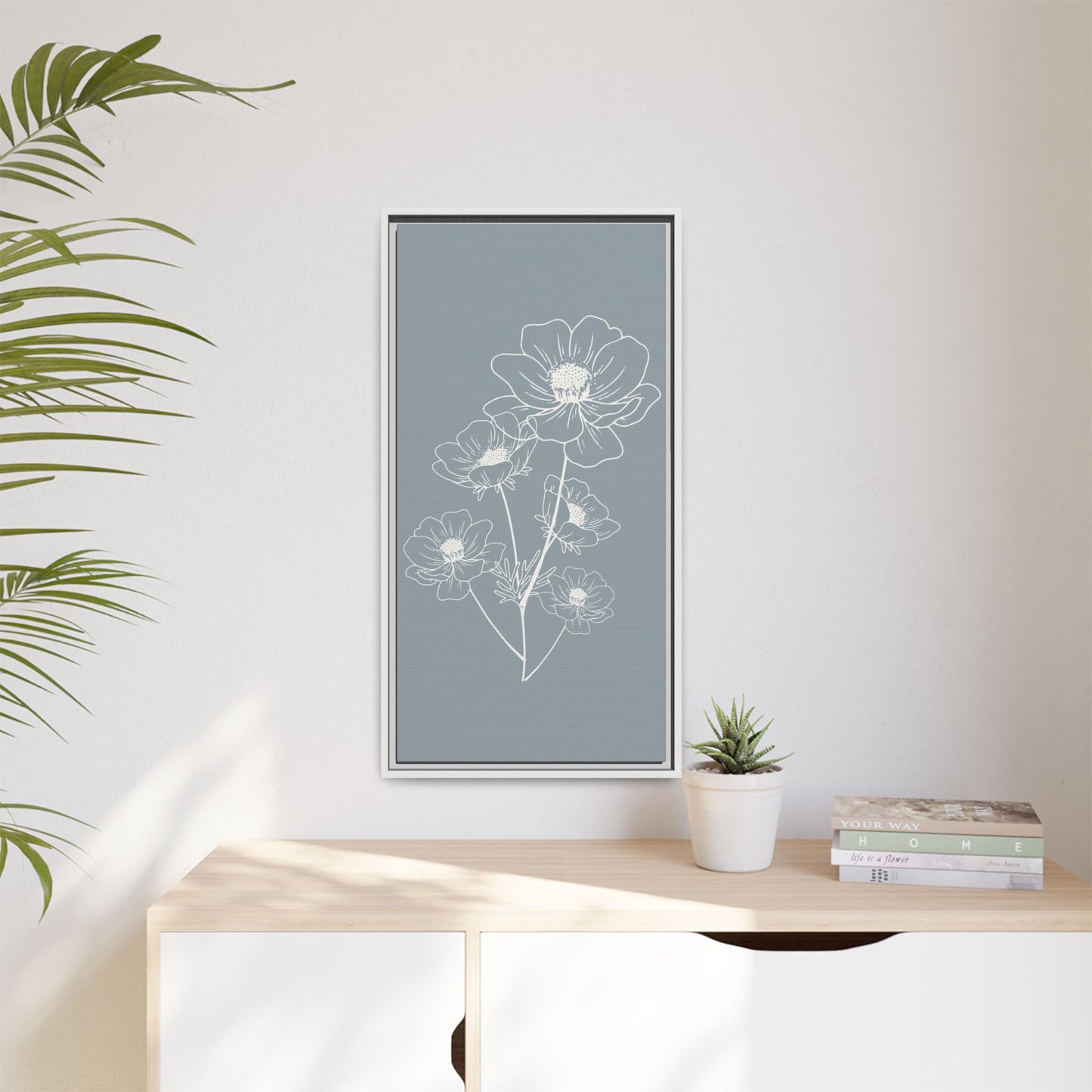 Framed Floral Line Art Matte Canvas Print Gray Azure - Vertical layout