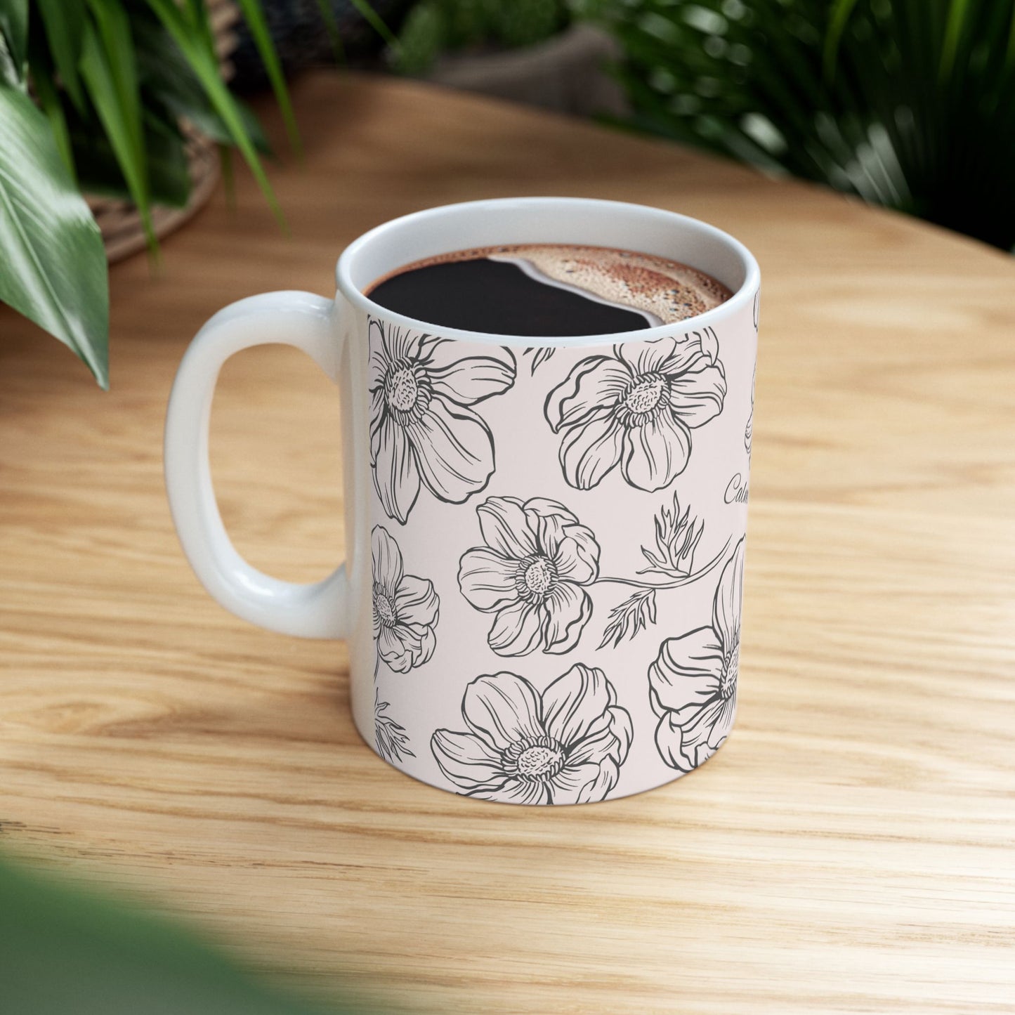 Floral "Calm" Ceramic Mug, Two sizes (11oz, 15oz), pale pink, coffee and tea cup