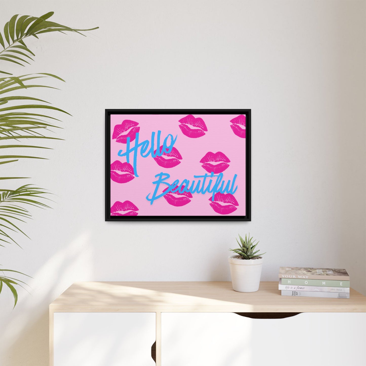 Hello Beautiful Framed Canvas Print — Pink Lipstick Pop Art Wall Decor