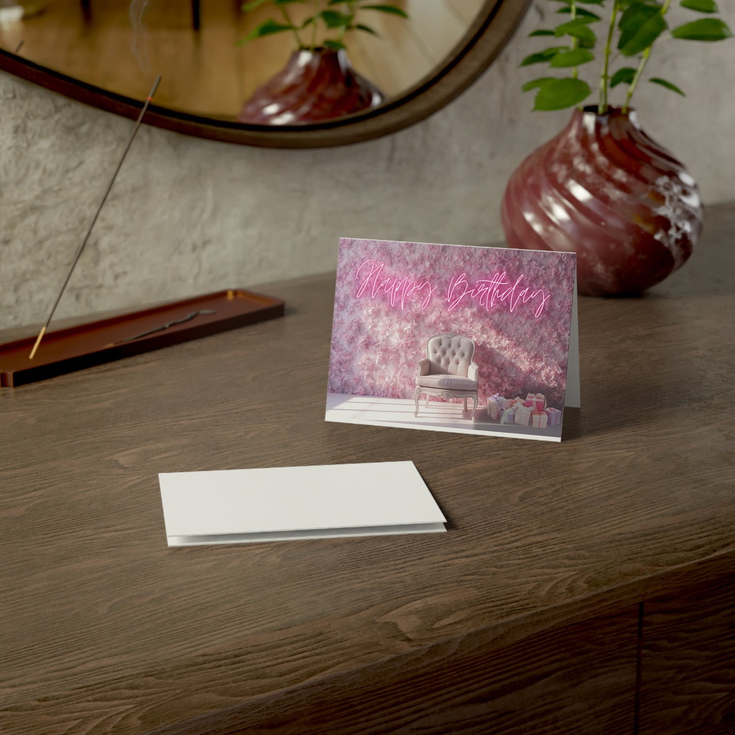 Happy Birthday Card – Pink Floral Chair Design (Single or Multipack)