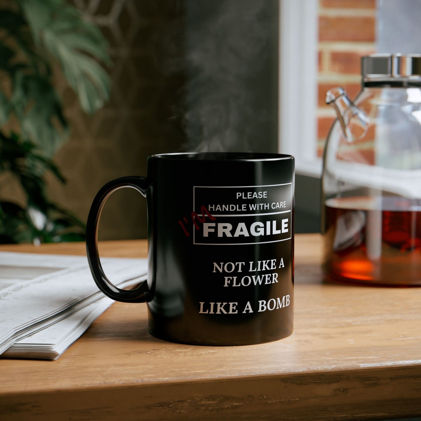 Funny Black Mug - Please Handle with Care | Gift for Coffee Lovers, Office Decor, Birthday, Humor, Fragile Theme, Mug, Cup, Tea Cup, Novelty