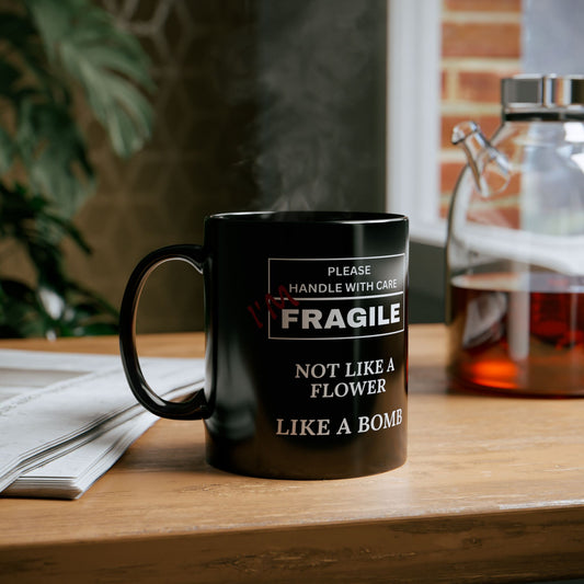 Funny Black Mug - Please Handle with Care | Gift for Coffee Lovers, Office Decor, Birthday, Humor, Fragile Theme, Mug, Cup, Tea Cup, Novelty