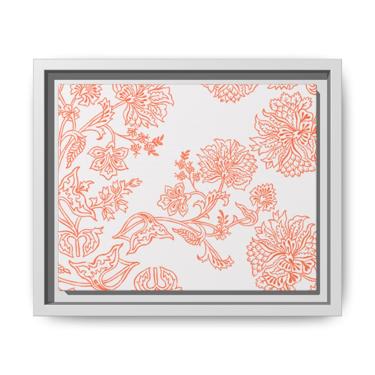 Orange Floral Matte Canvas, White Wooden Framed, Bathroom Decor, Matching Shower Curtain Available, Coral/orange