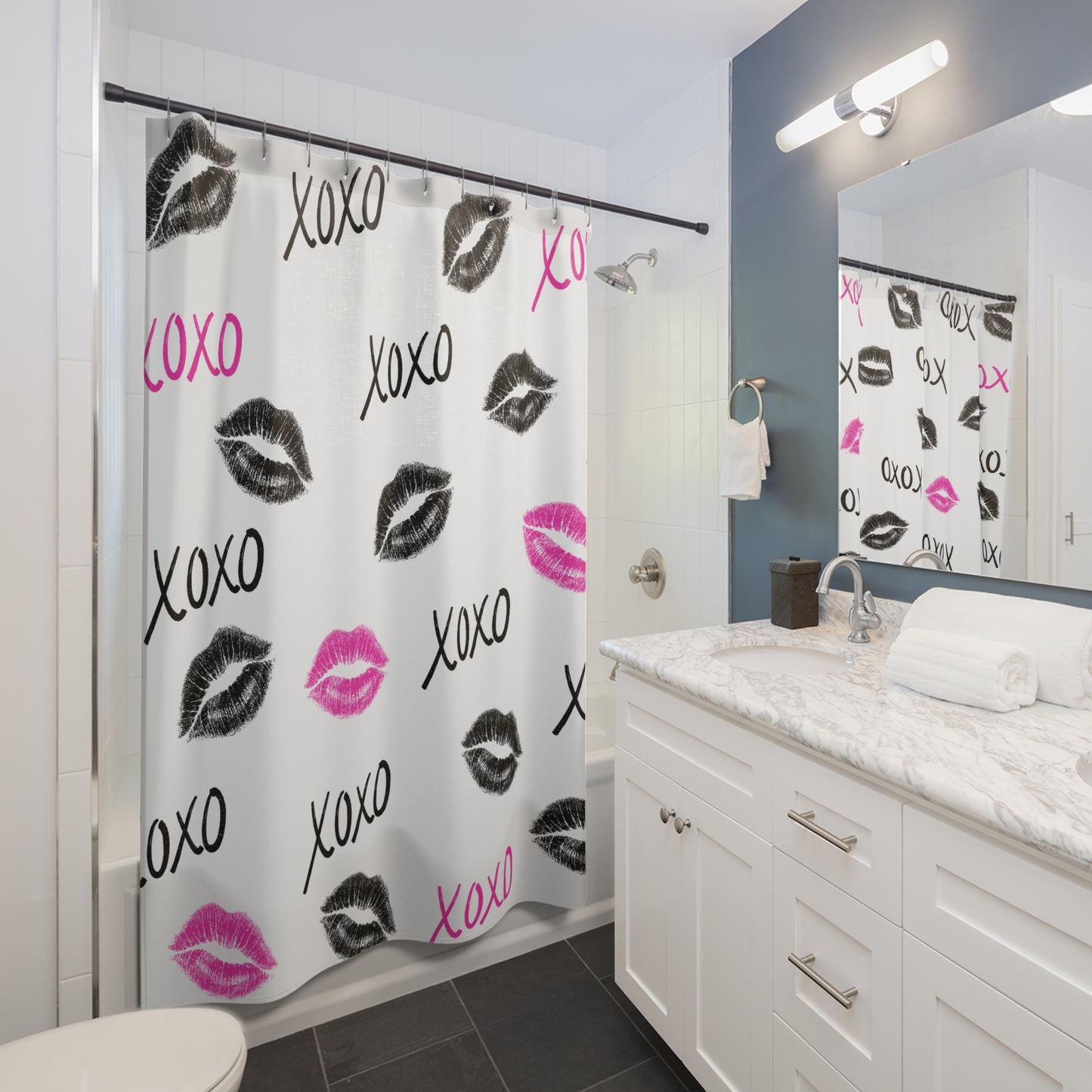 XOXO Lips Shower Curtain — Black & Hot Pink Teen Bathroom Decor (71x74)