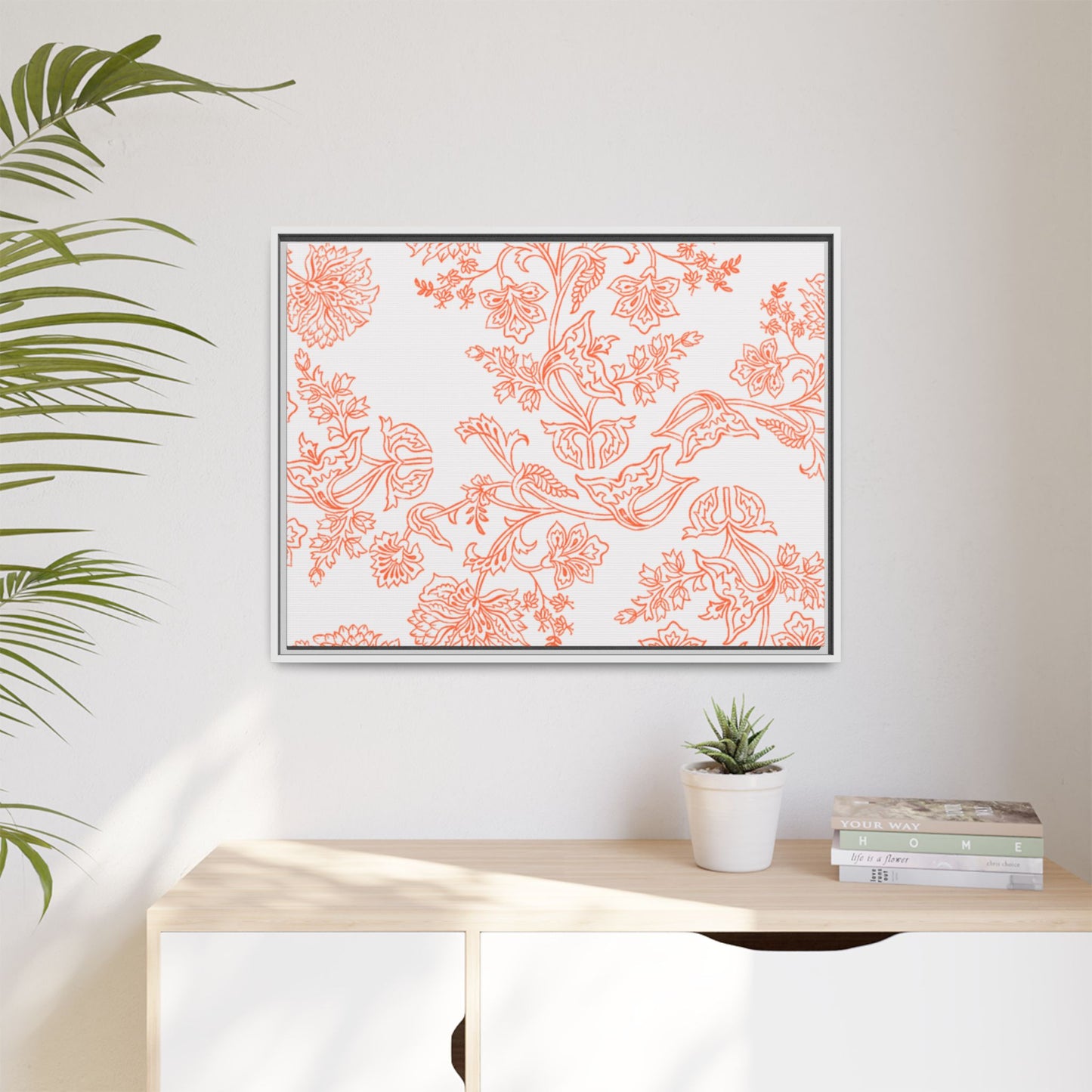 Orange Floral Matte Canvas, White Wooden Framed, Bathroom Decor, Matching Shower Curtain Available, Coral/orange