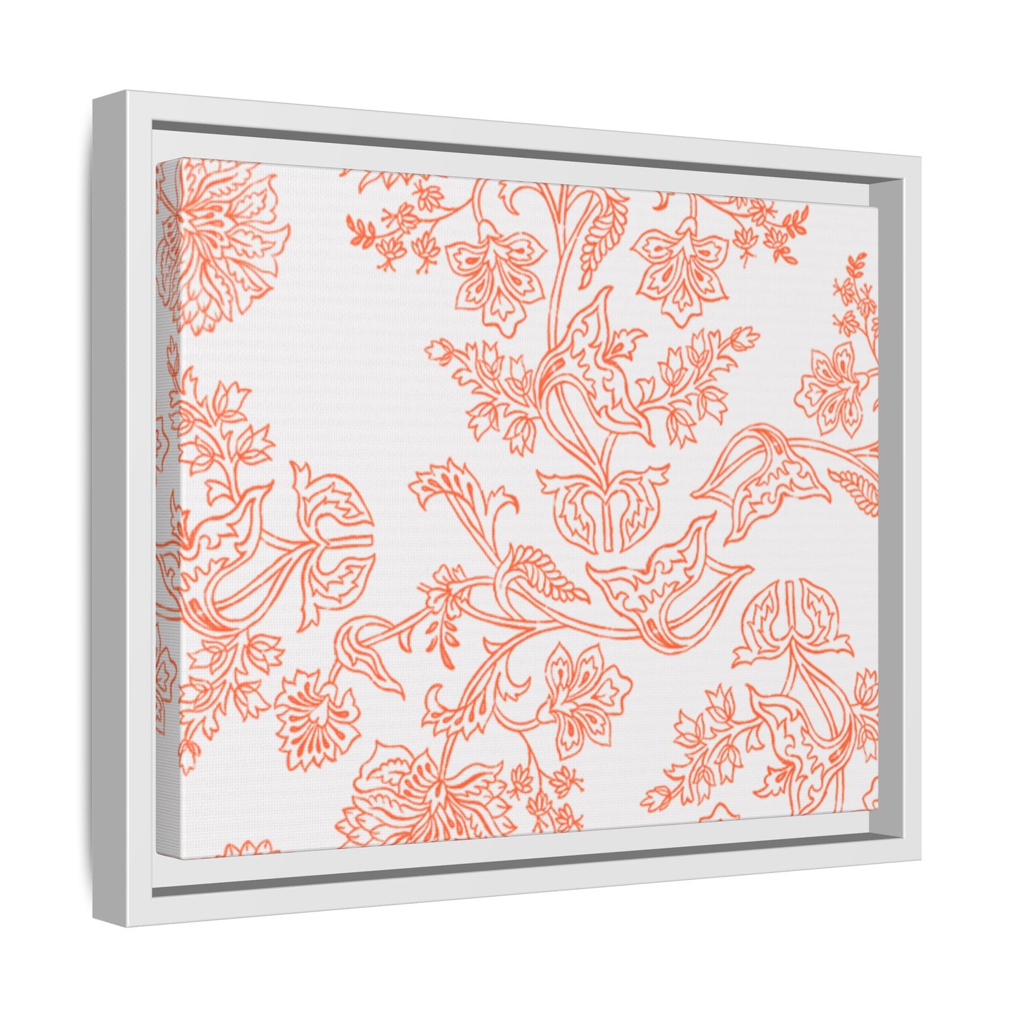 Orange Floral Matte Canvas, White Wooden Framed, Bathroom Decor, Matching Shower Curtain Available, Coral/orange