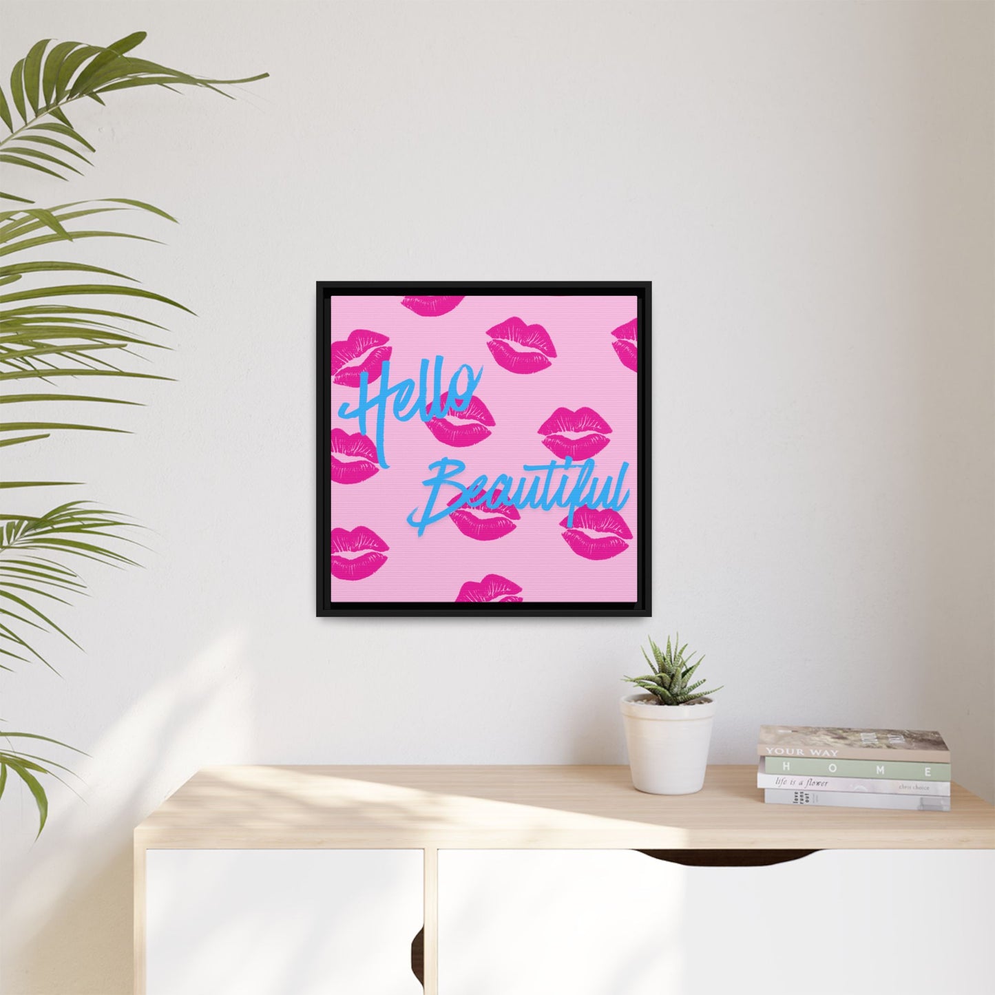 Hello Beautiful Framed Canvas Print — Pink Lipstick Pop Art Wall Decor