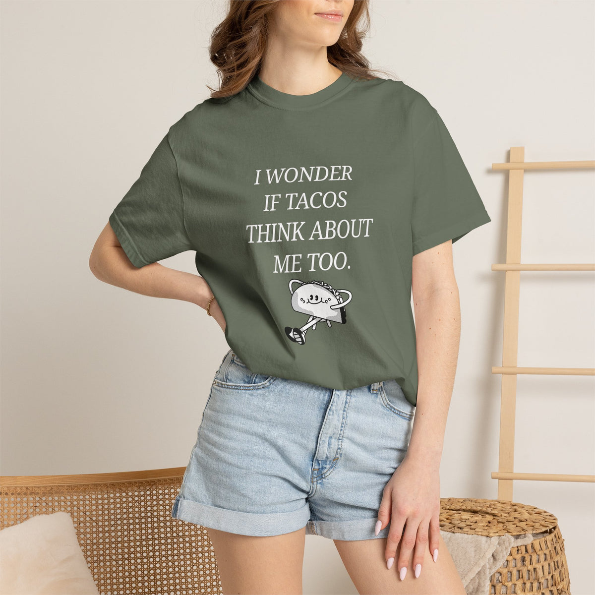 "I Wonder If Tacos Think About Me Too" Funny Taco Graphic Tee