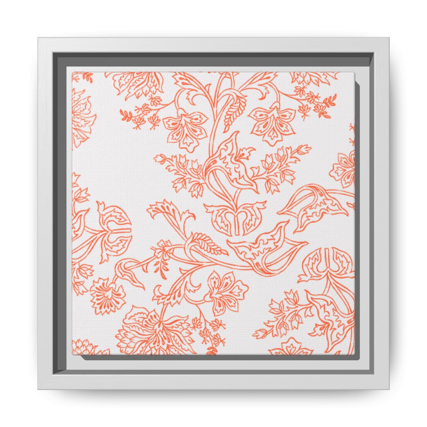 Orange Floral Matte Canvas, White Wooden Framed, Bathroom Decor, Matching Shower Curtain Available, Coral/orange