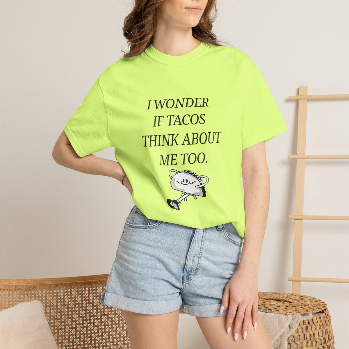 "I Wonder If Tacos Think About Me Too" Funny Taco Graphic Tee