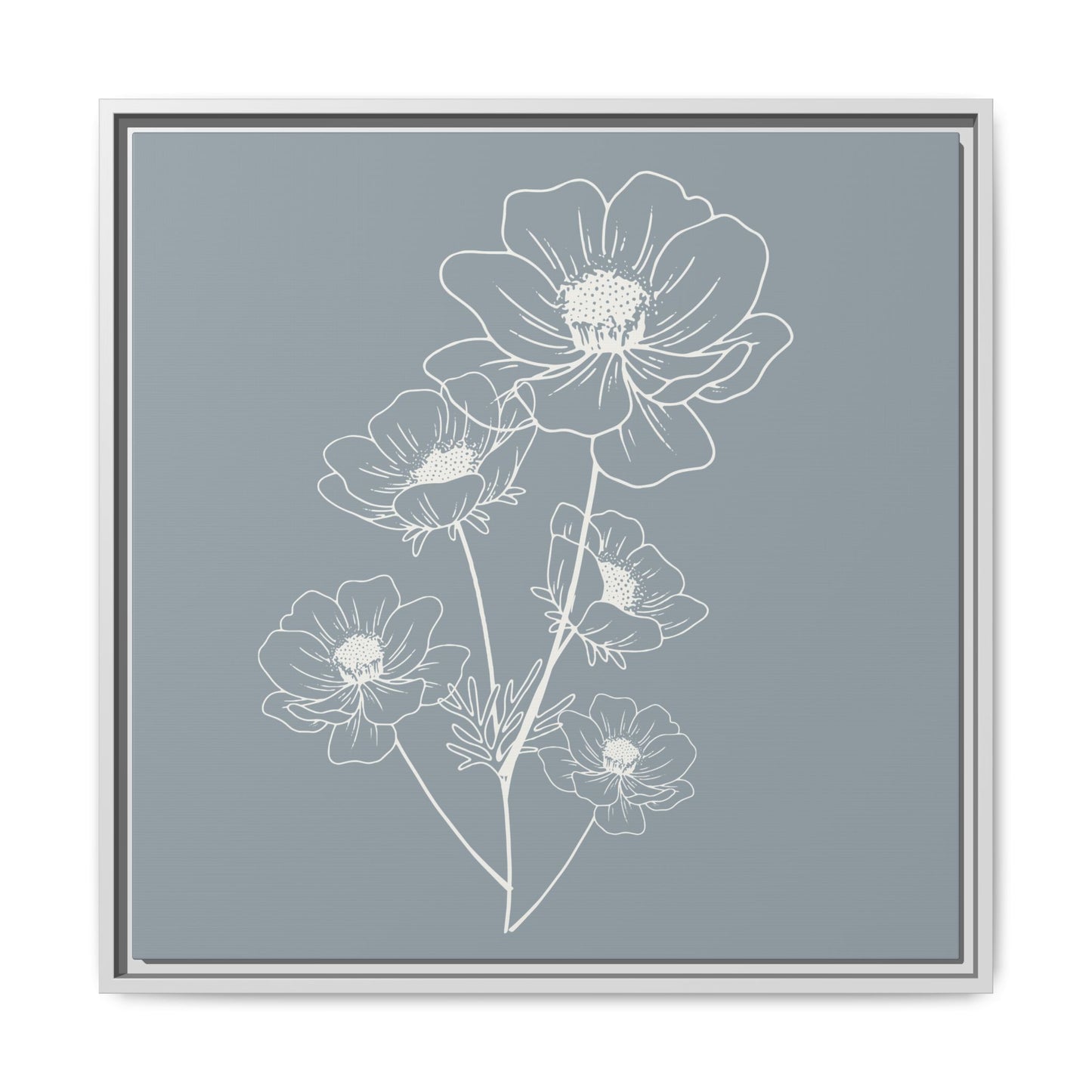 Framed Floral Line Art Matte Canvas Print Gray Azure - Vertical layout
