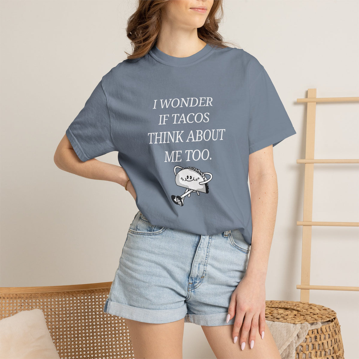"I Wonder If Tacos Think About Me Too" Funny Taco Graphic Tee