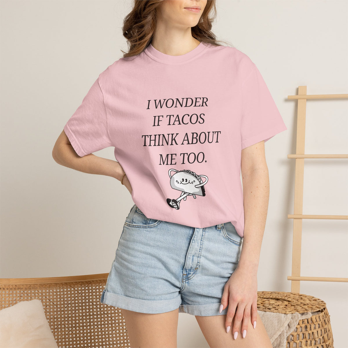 "I Wonder If Tacos Think About Me Too" Funny Taco Graphic Tee
