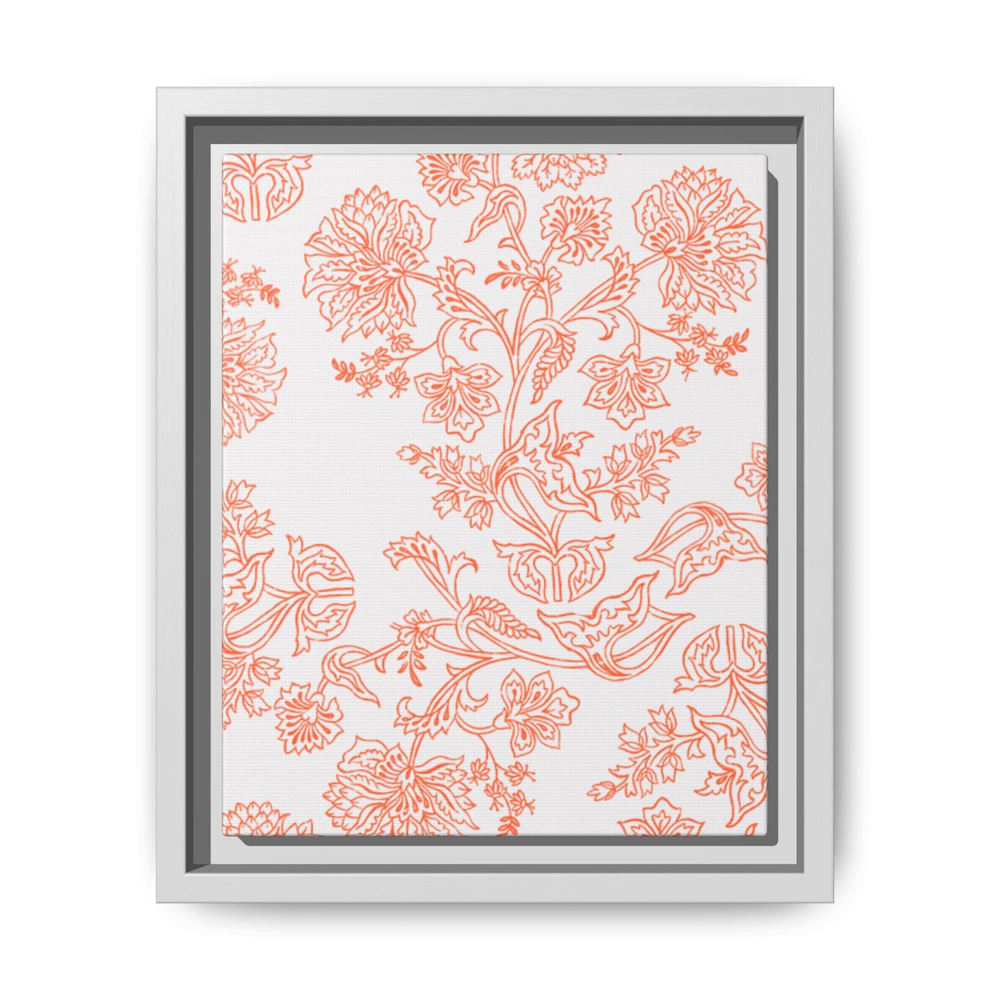 Orange Floral Matte Canvas, White Wooden Framed, Bathroom Decor, Matching Shower Curtain Available, Coral/orange