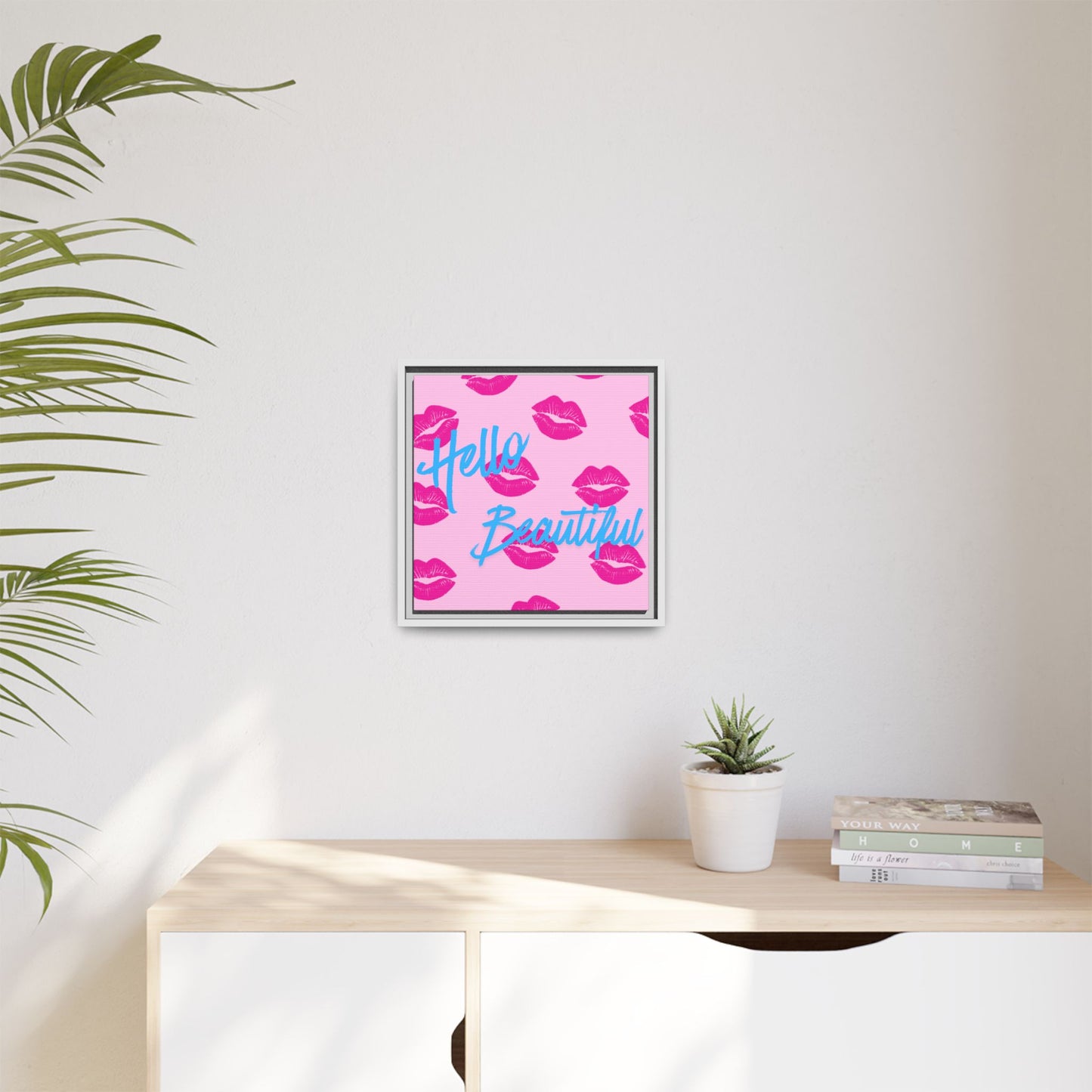 Hello Beautiful Framed Canvas Print — Pink Lipstick Pop Art Wall Decor