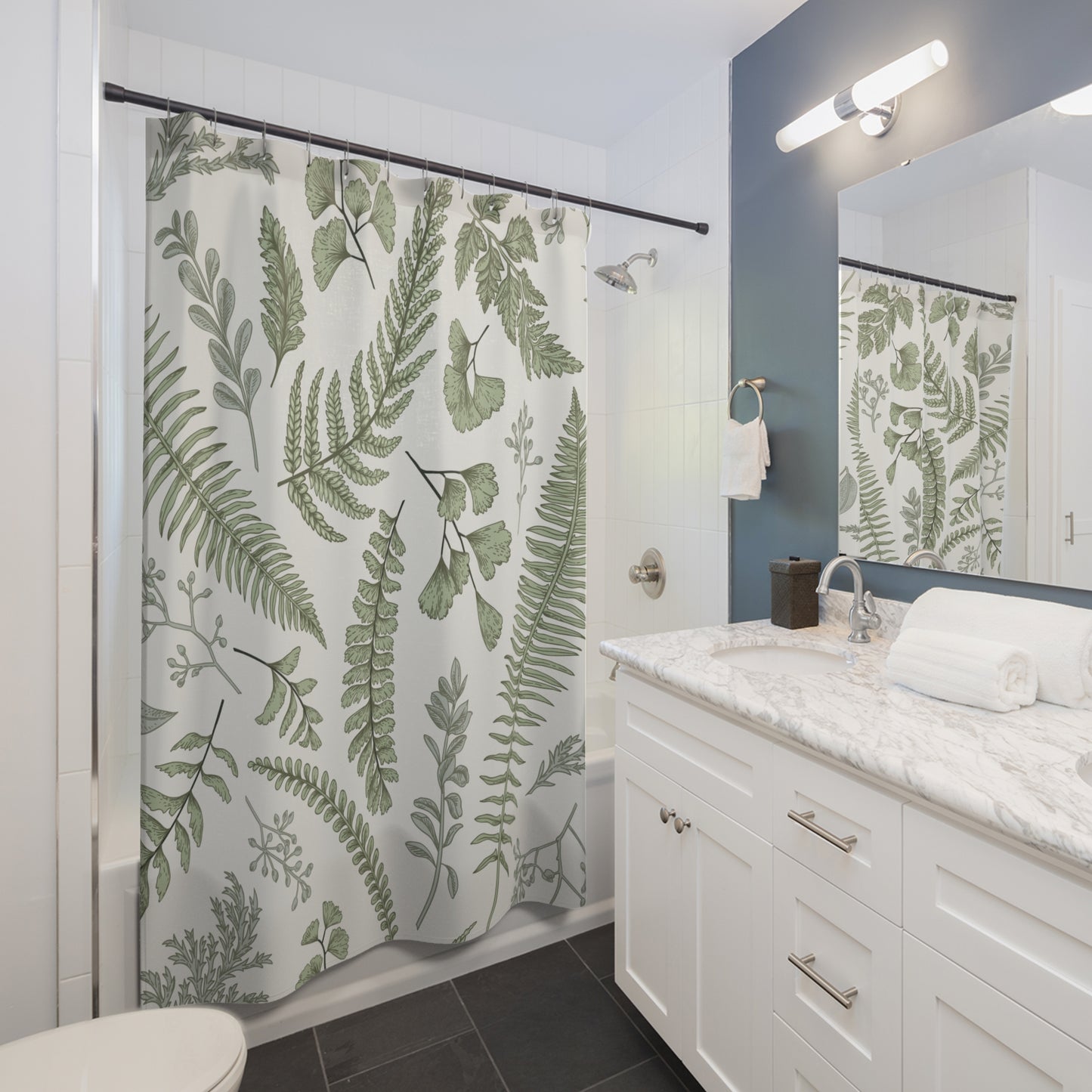 Green Fern and Ginkgo Leaf Pattern Shower Curtain | Botanical Bathroom Decor