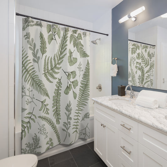 Green Fern and Ginkgo Leaf Pattern Shower Curtain | Botanical Bathroom Decor