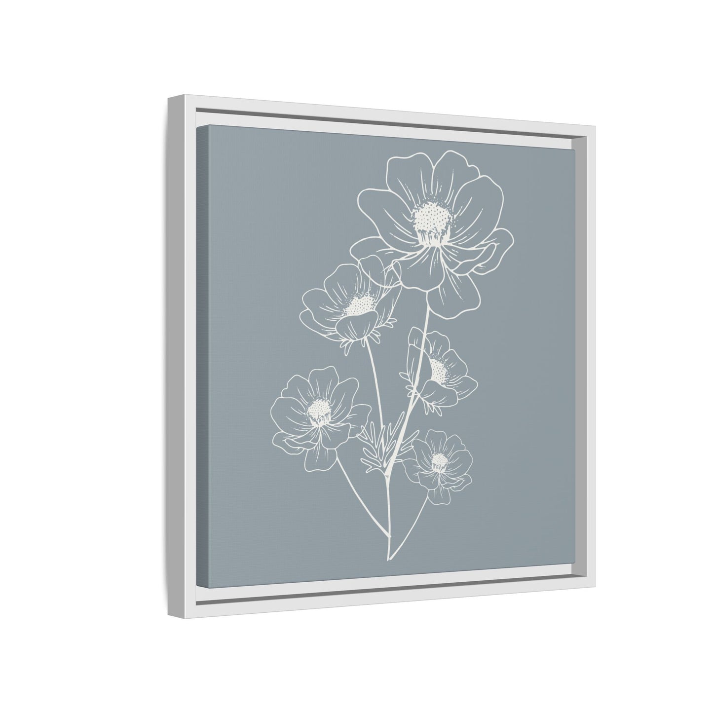 Framed Floral Line Art Matte Canvas Print Gray Azure - Vertical layout