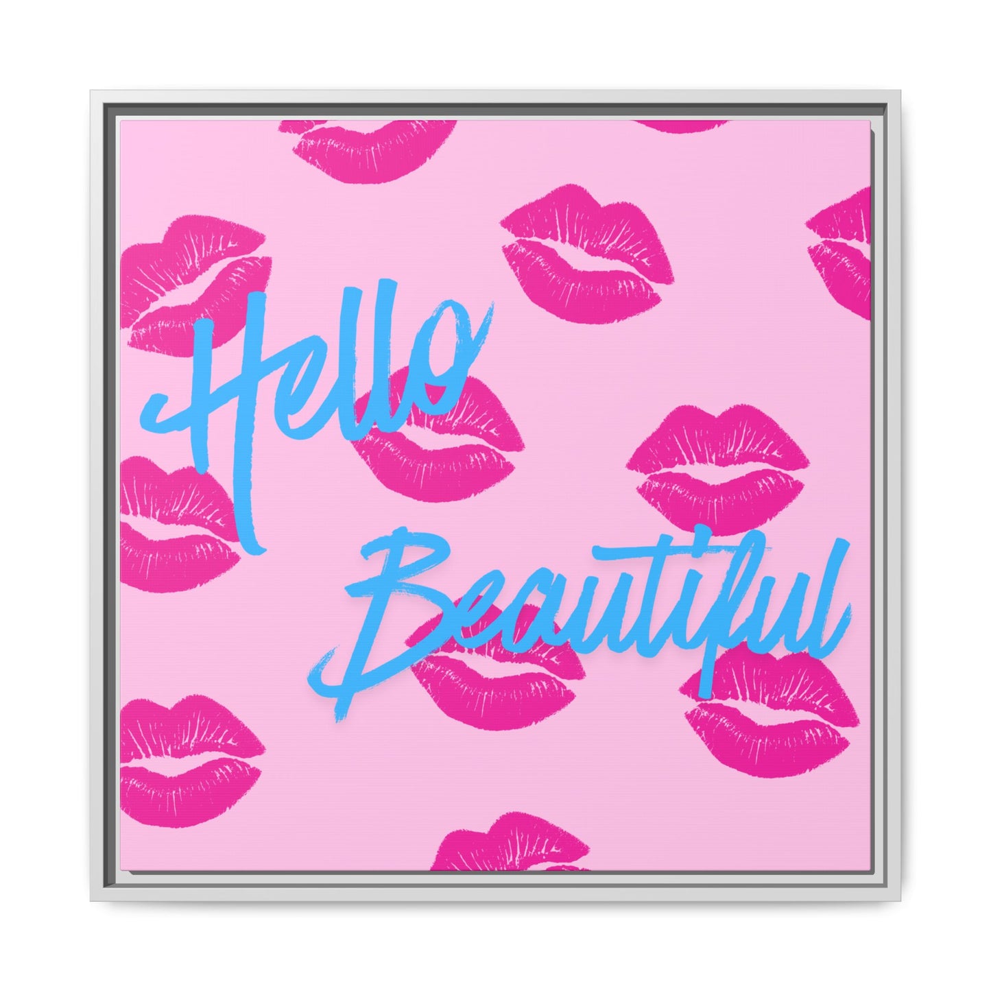 Hello Beautiful Framed Canvas Print — Pink Lipstick Pop Art Wall Decor