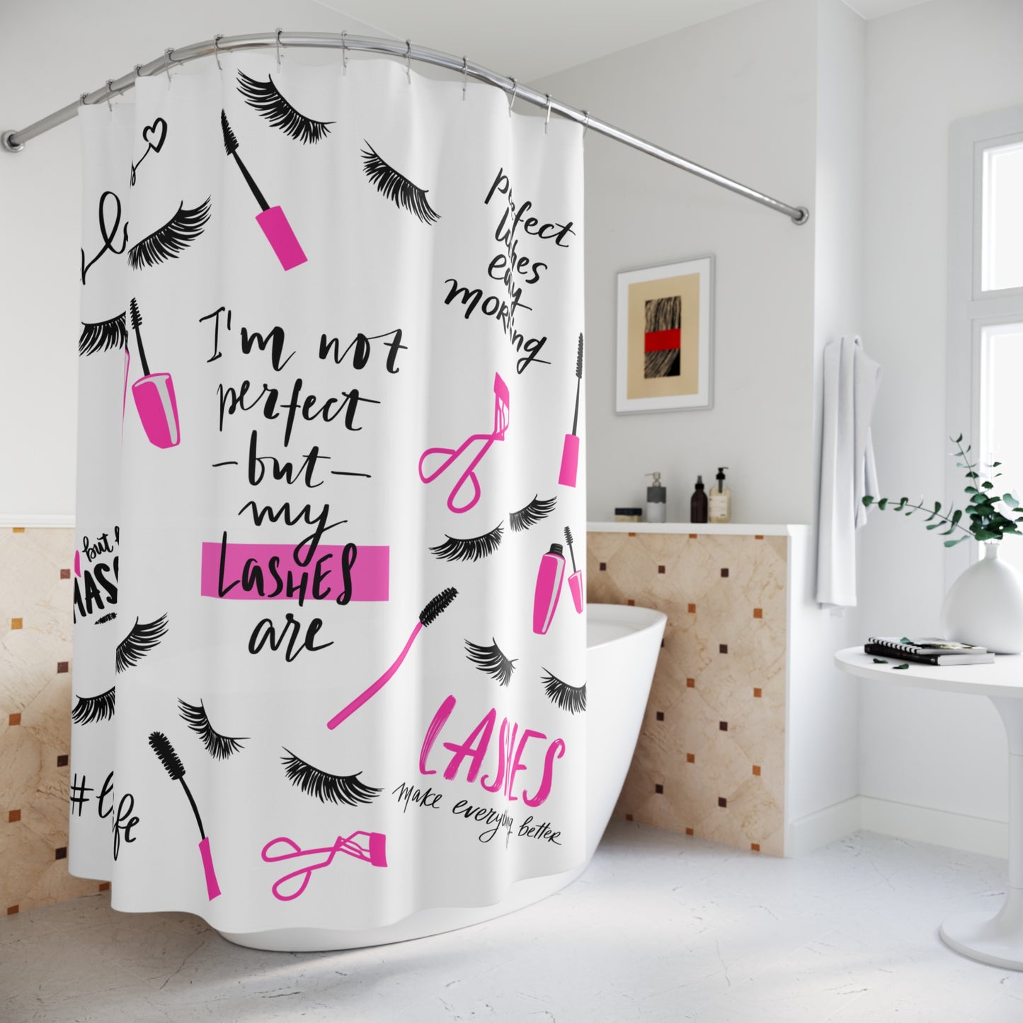 Lashes Shower Curtain – “I’m Not Perfect But My Lashes Are” Makeup Bath Decor