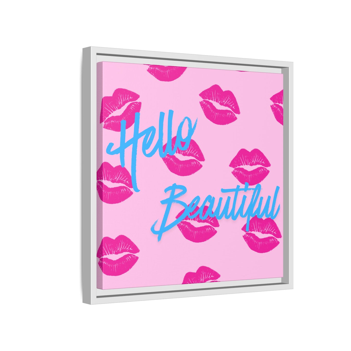 Hello Beautiful Framed Canvas Print — Pink Lipstick Pop Art Wall Decor