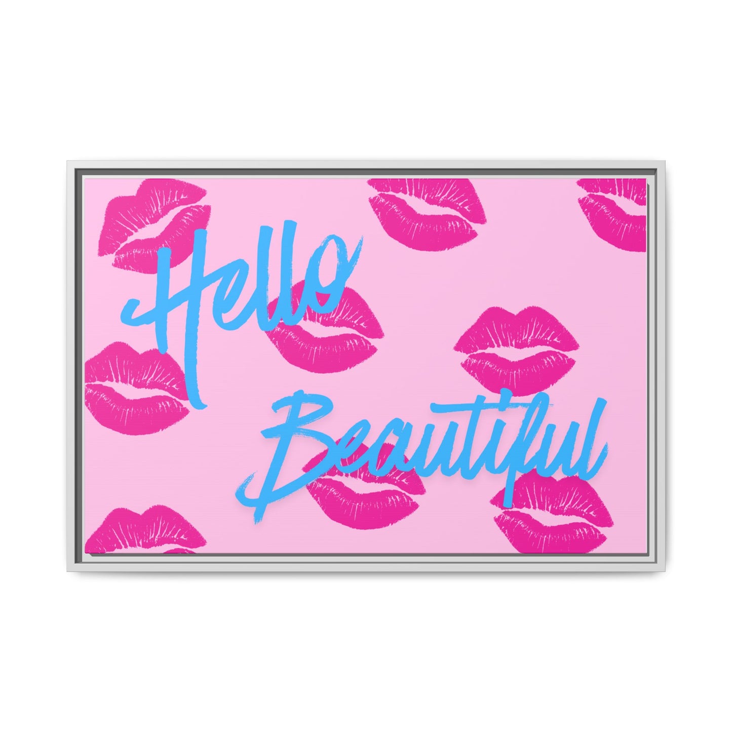 Hello Beautiful Framed Canvas Print — Pink Lipstick Pop Art Wall Decor