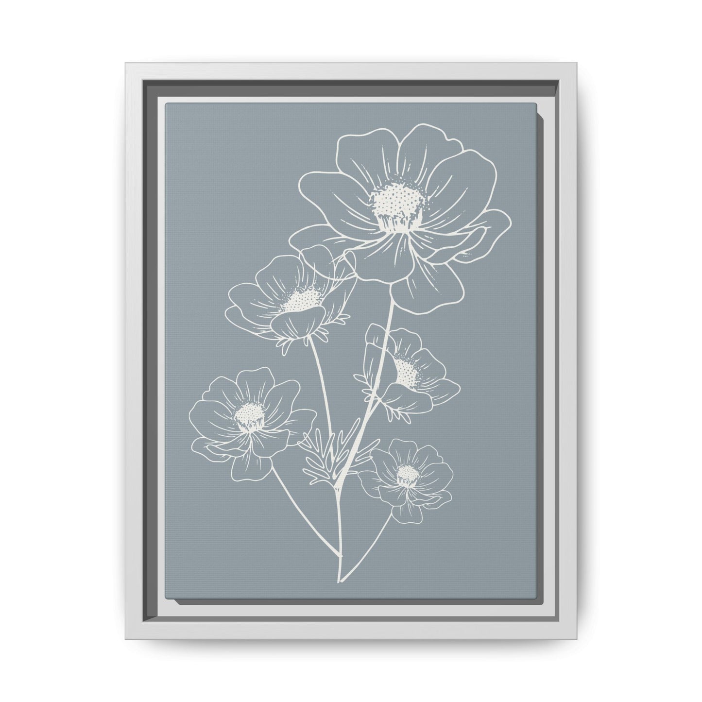 Framed Floral Line Art Matte Canvas Print Gray Azure - Vertical layout