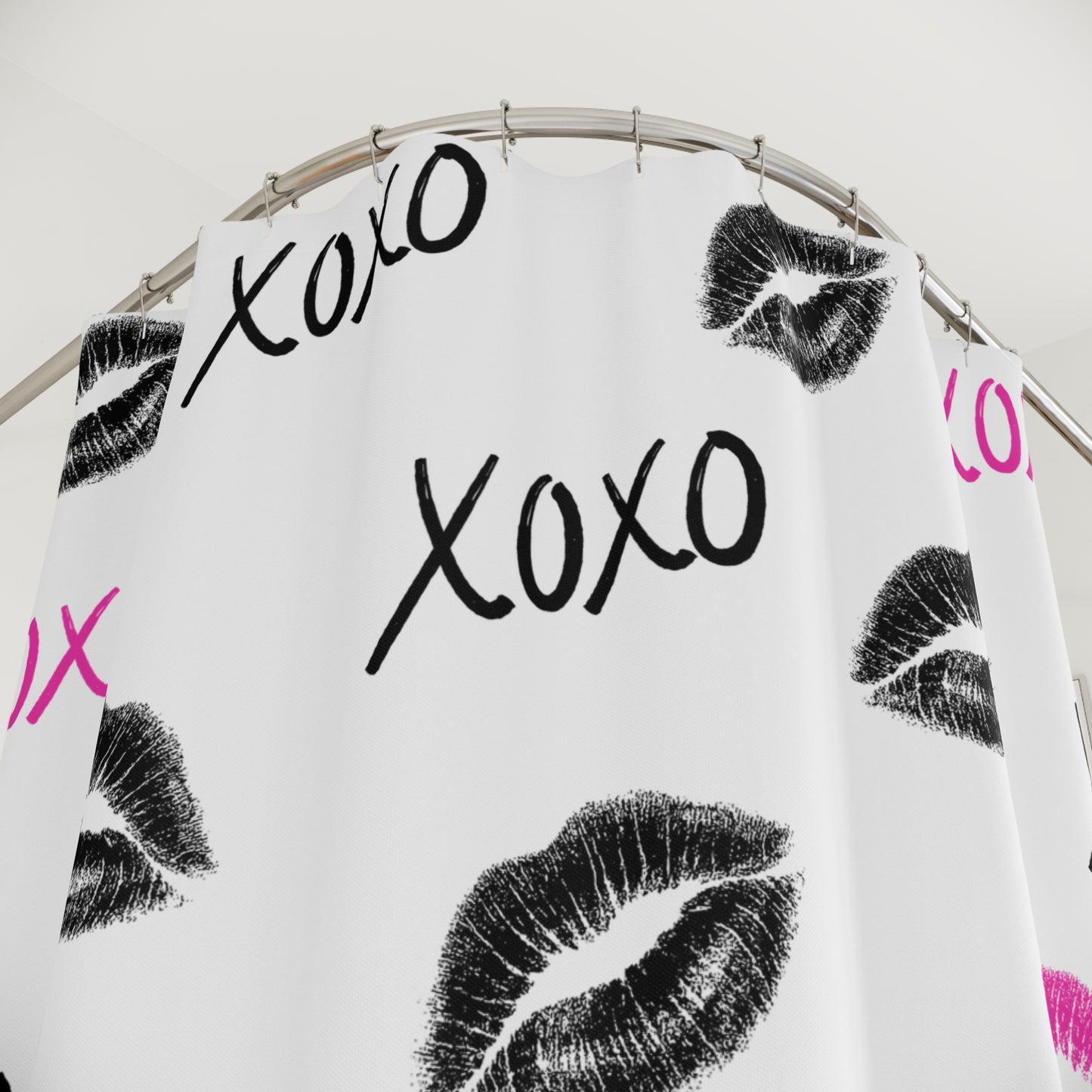 XOXO Lips Shower Curtain — Black & Hot Pink Teen Bathroom Decor (71x74)