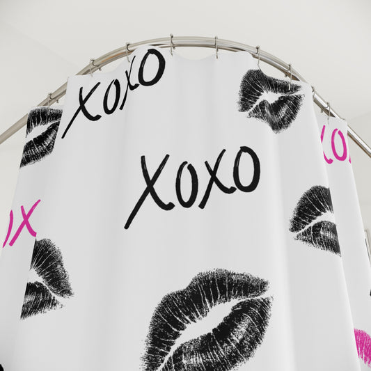 XOXO Lips Shower Curtain — Black & Hot Pink Teen Bathroom Decor (71x74)