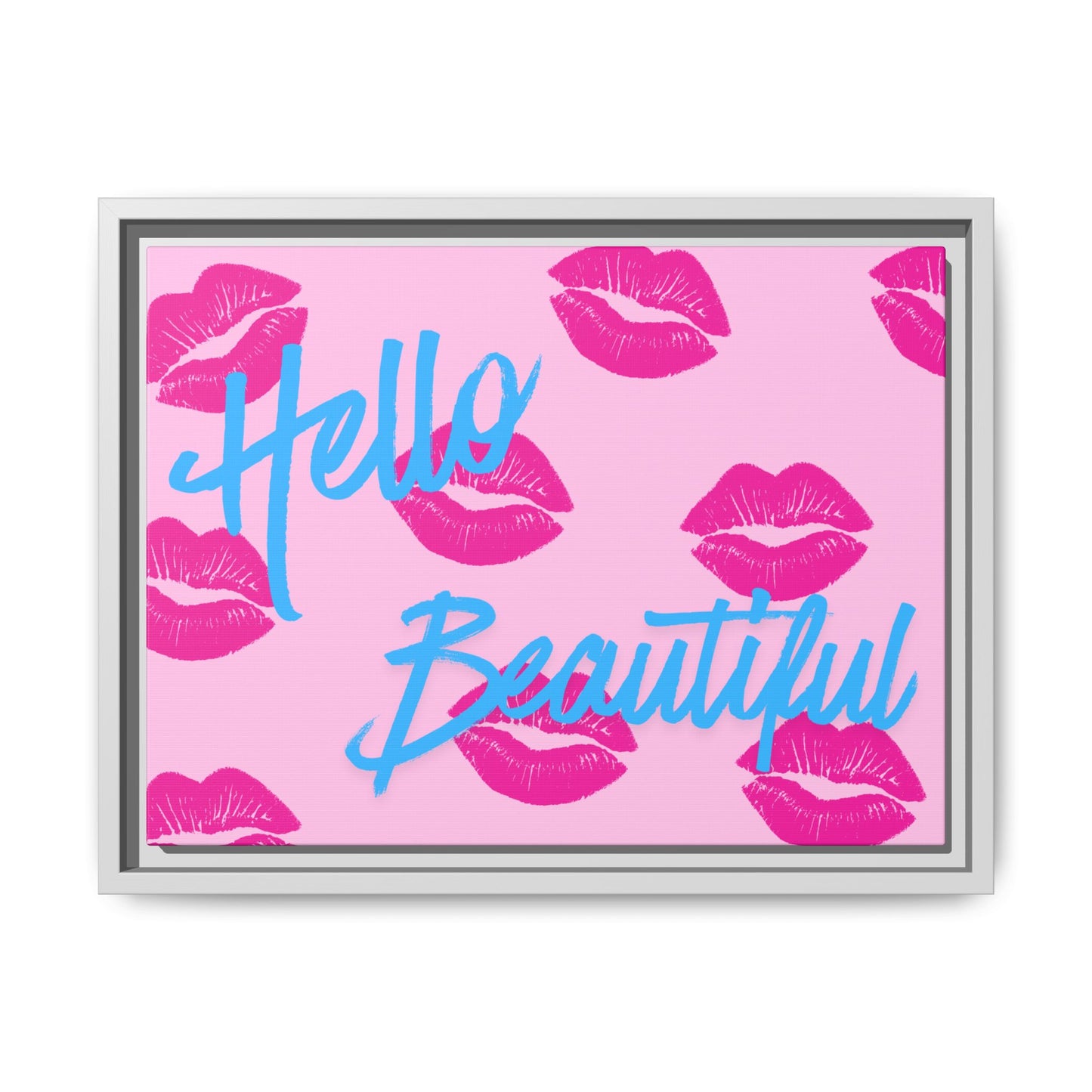 Hello Beautiful Framed Canvas Print — Pink Lipstick Pop Art Wall Decor