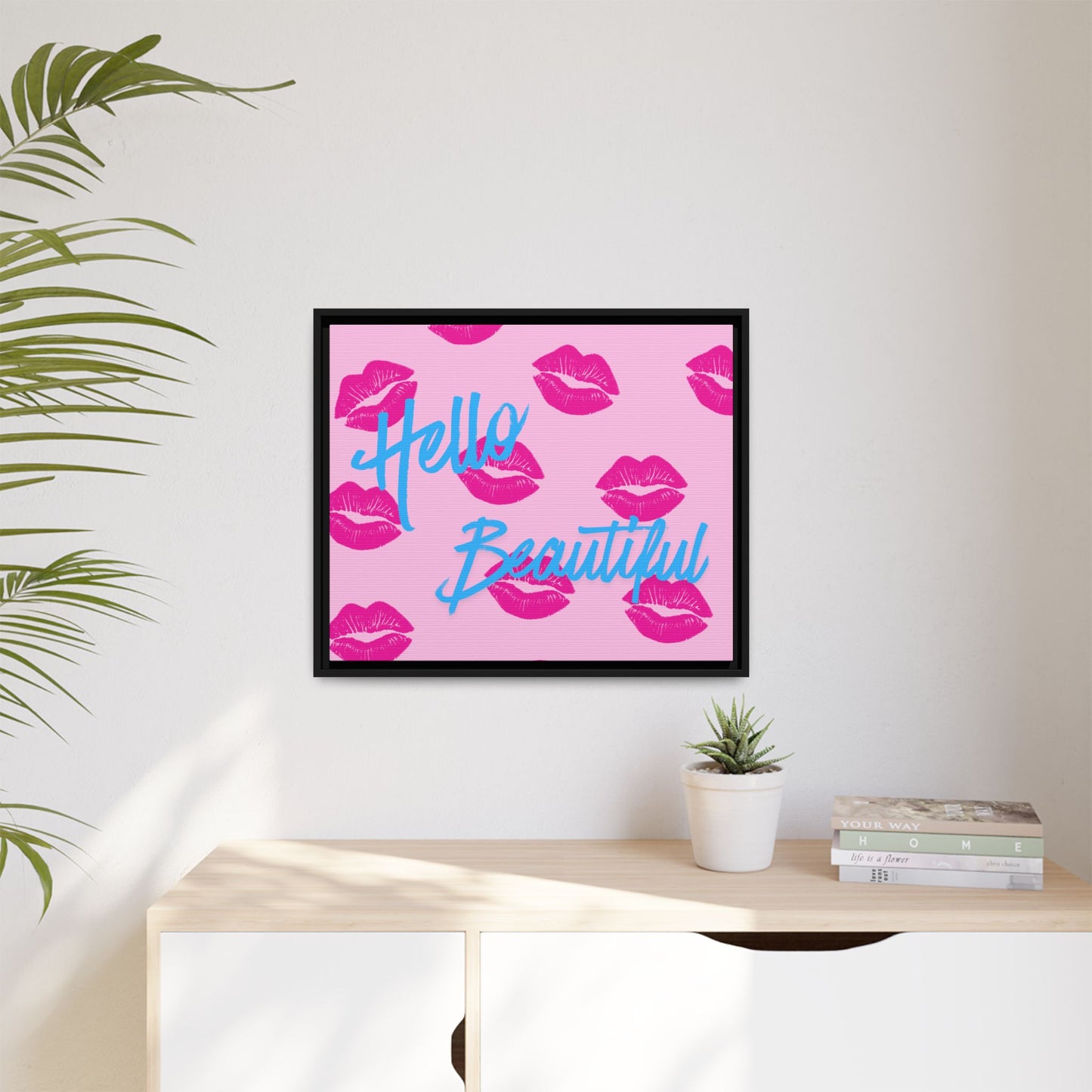 Hello Beautiful Framed Canvas Print — Pink Lipstick Pop Art Wall Decor