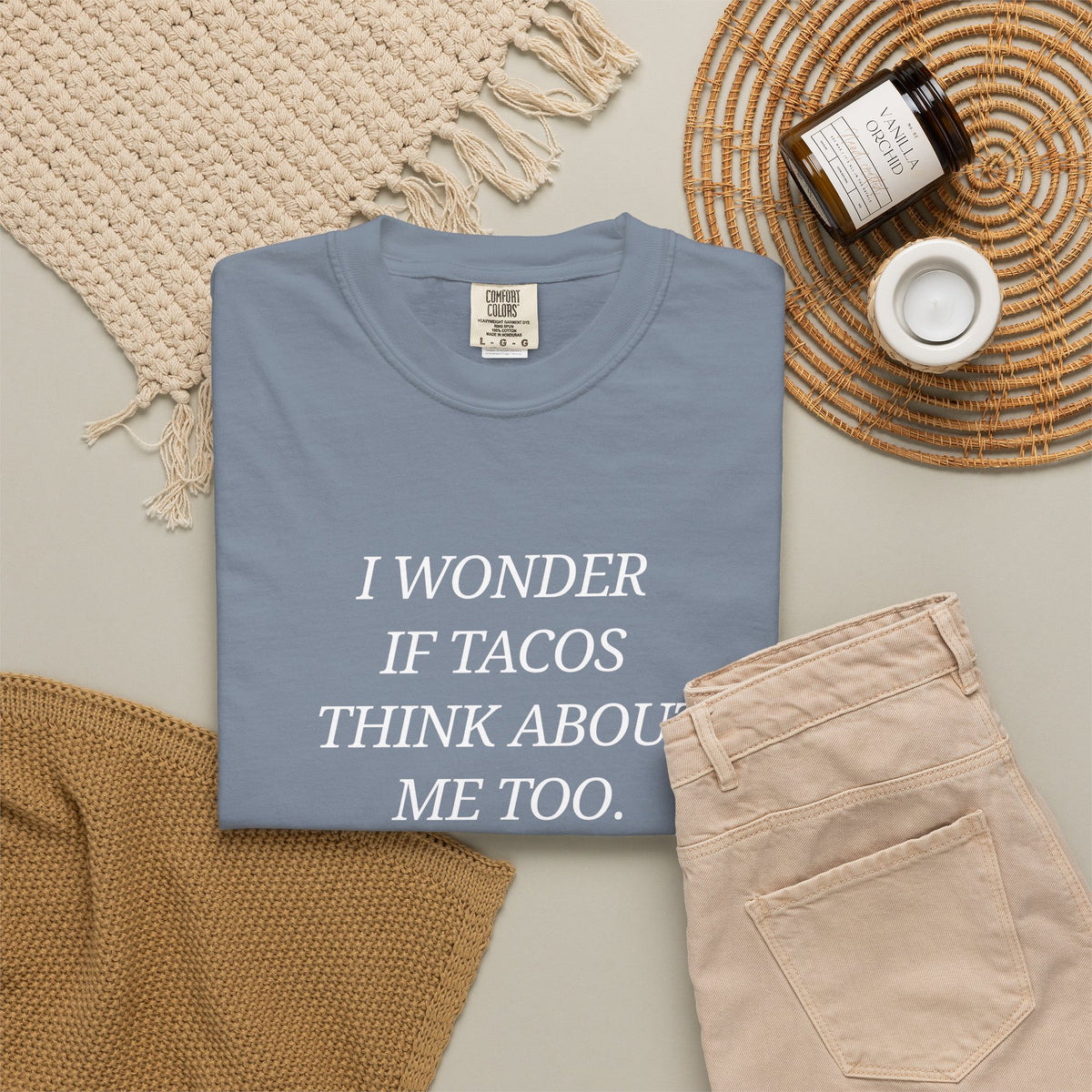 "I Wonder If Tacos Think About Me Too" Funny Taco Graphic Tee