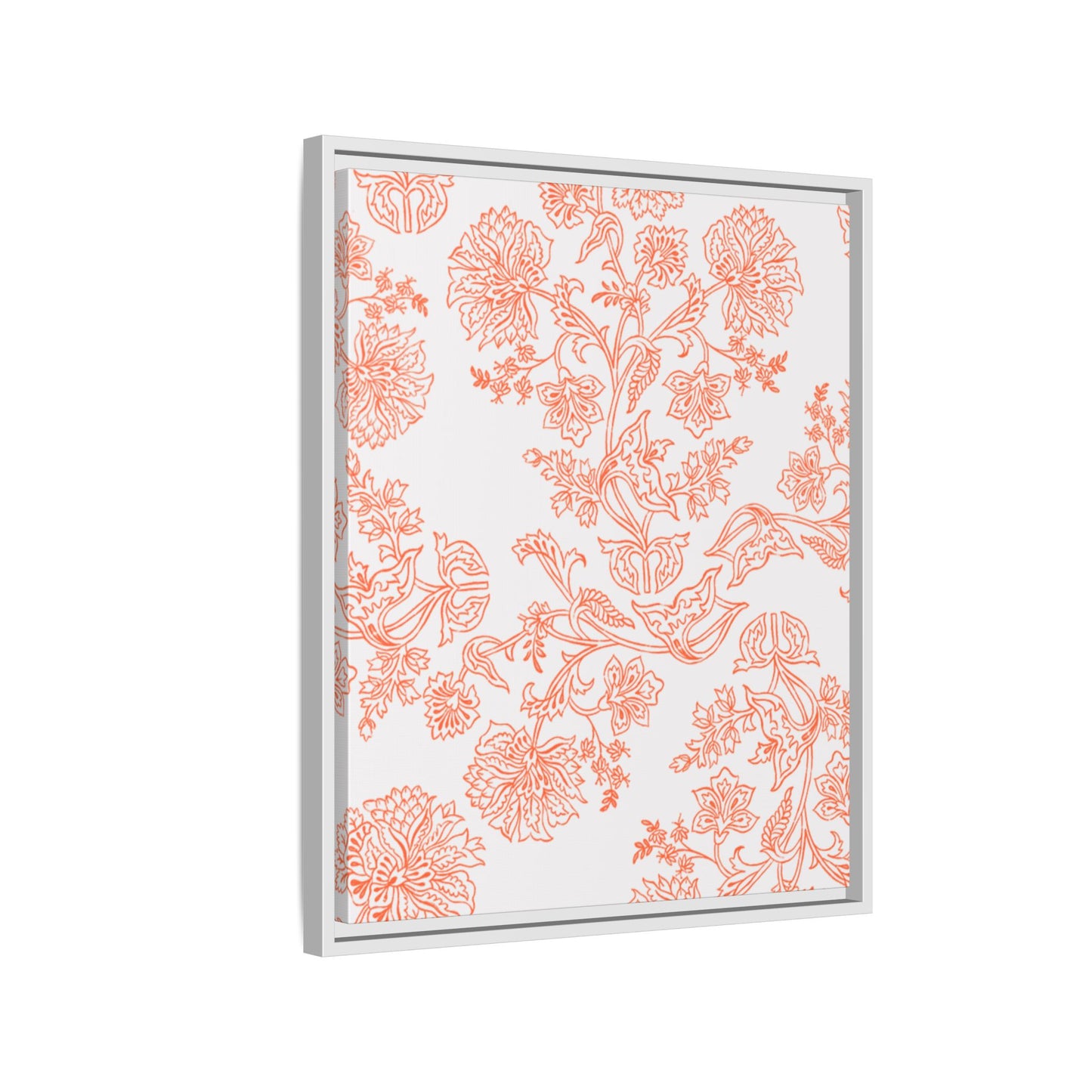 Orange Floral Matte Canvas, White Wooden Framed, Bathroom Decor, Matching Shower Curtain Available, Coral/orange